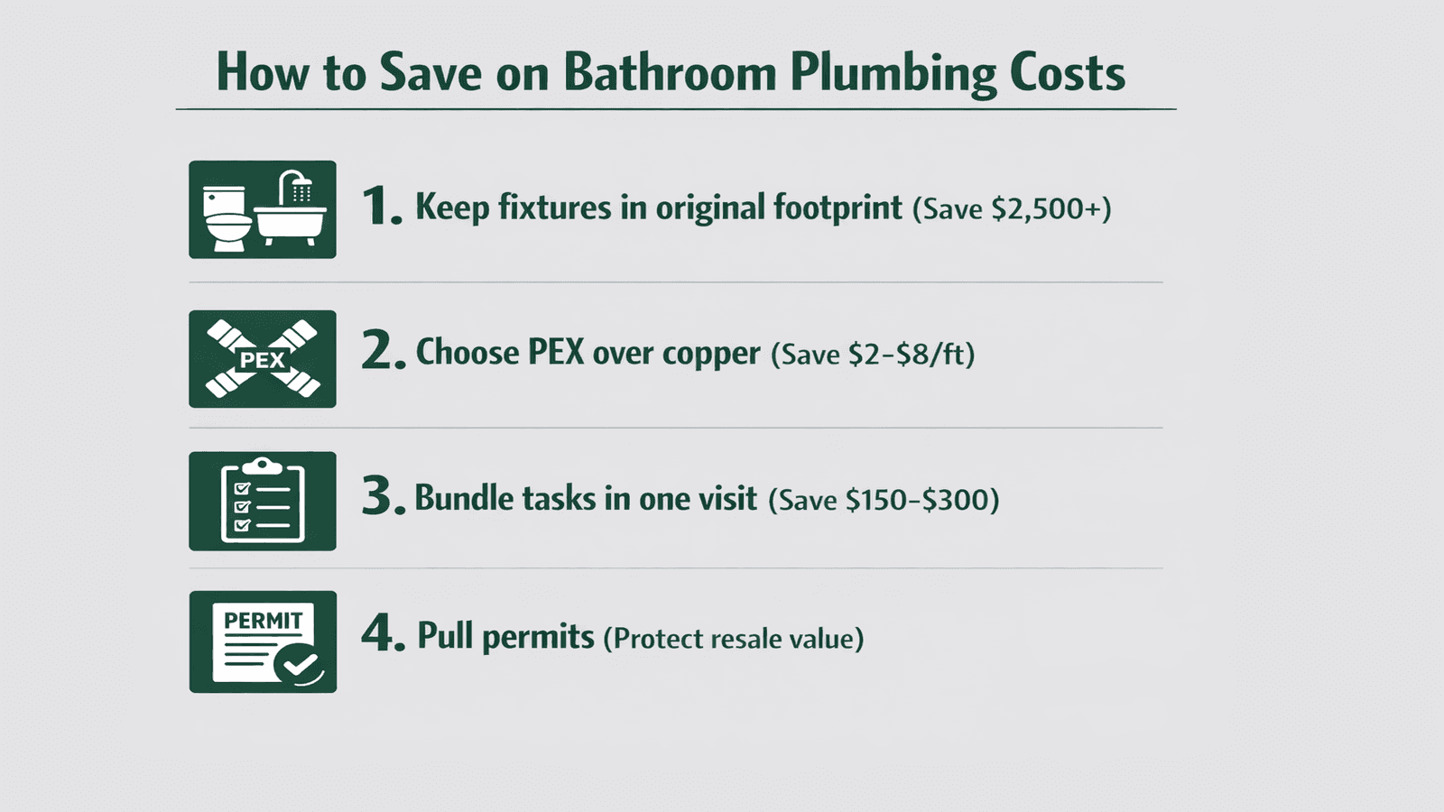 Infographic listing four ways to reduce bathroom plumbing costs in 2026 including keeping fixtures in place and choosing PEX pipe