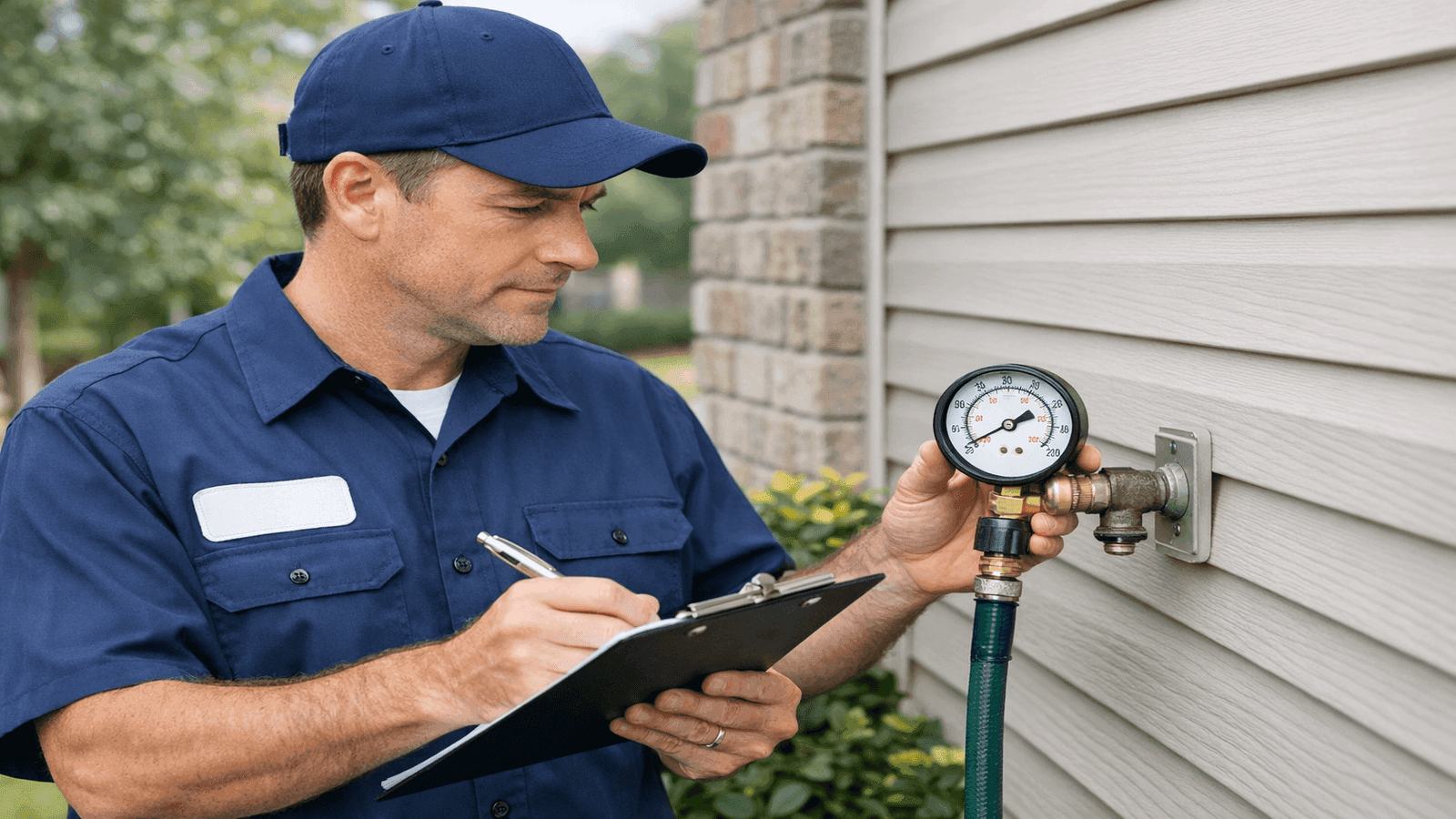 Licensed plumber using a pressure gauge at an outdoor hose bib during a home inspection, notebook in hand