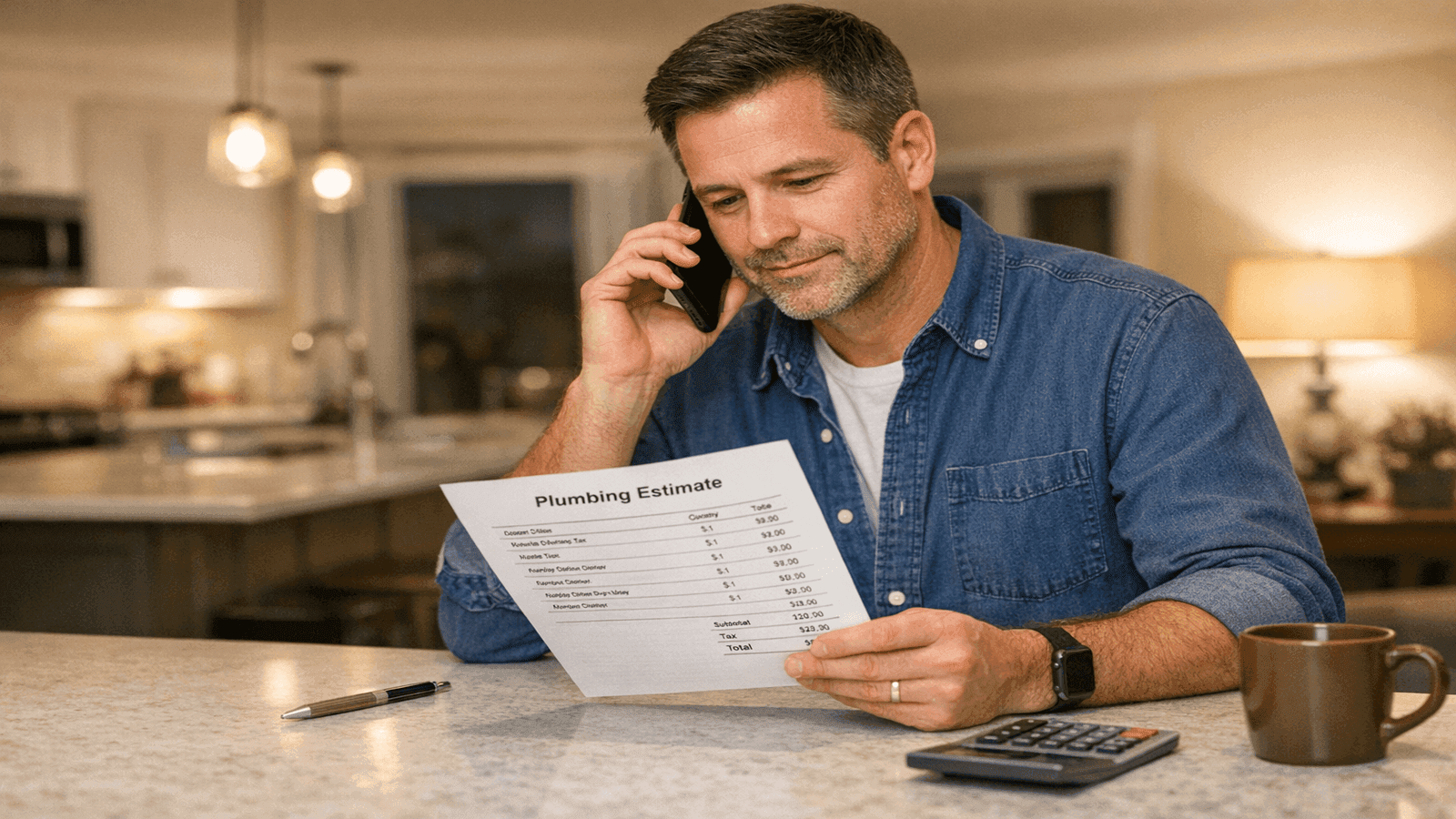Homeowner on a phone call at night reviewing a plumbing estimate document, representing cost negotiation for emergency plumbing