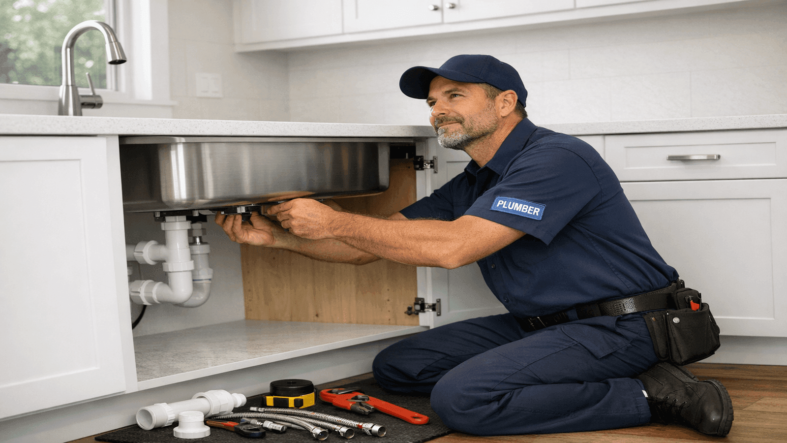 Licensed plumber installing a new stainless steel undermount kitchen sink with white quartz countertops