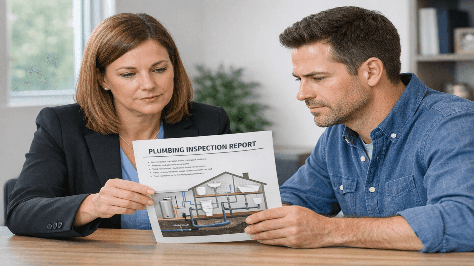 Real estate agent and home buyer reviewing a plumbing inspection report at a table in a professional office setting