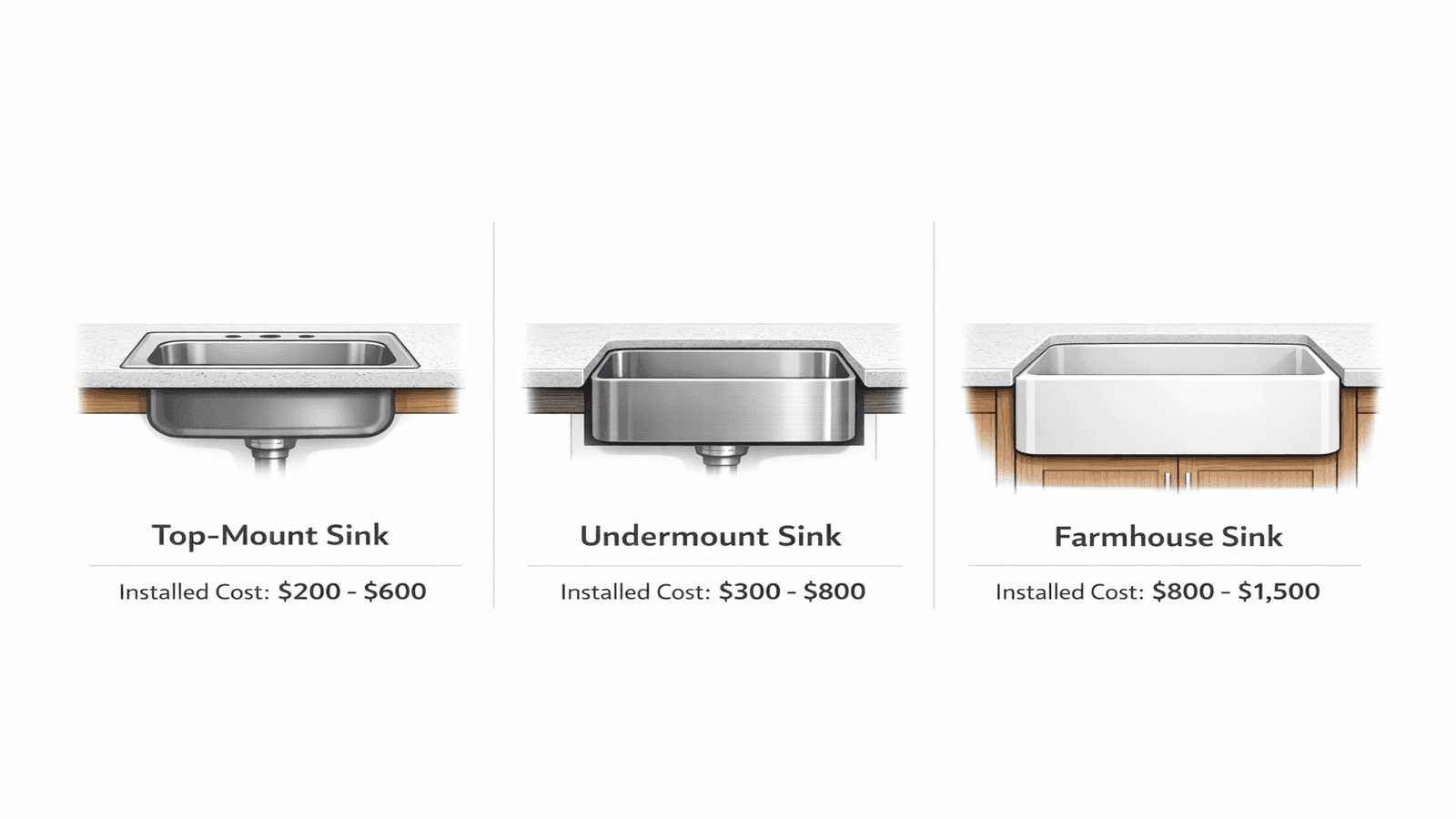 Cross-section diagram comparing drop-in, undermount, and farmhouse apron-front kitchen sink installation styles with cost ranges