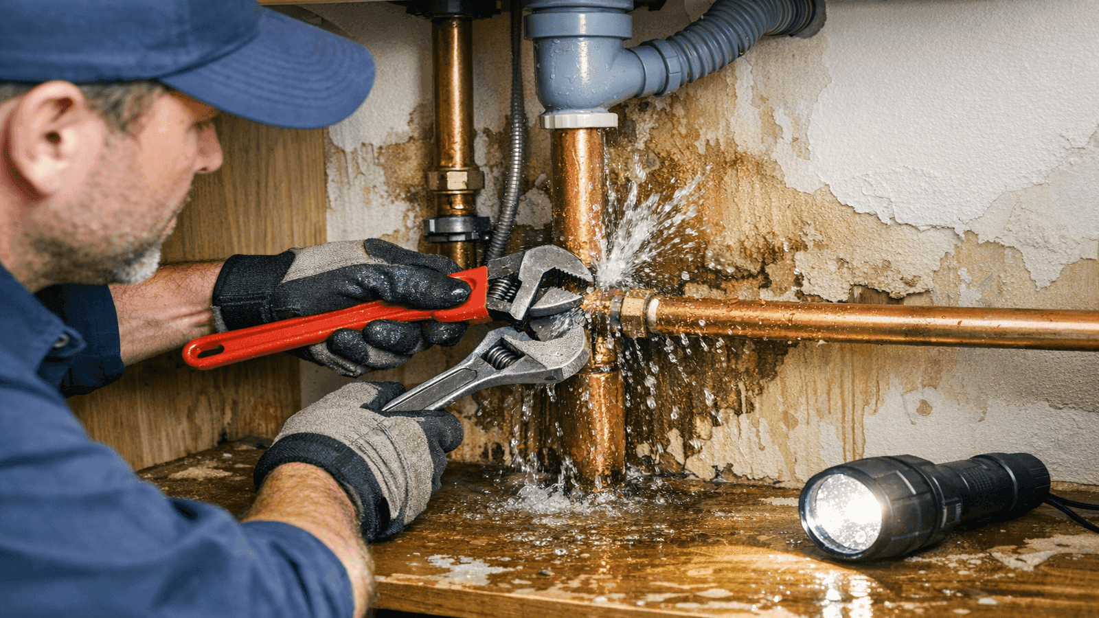 Plumber repairing a burst pipe under a sink with visible water damage, representing the most common emergency plumbing repair