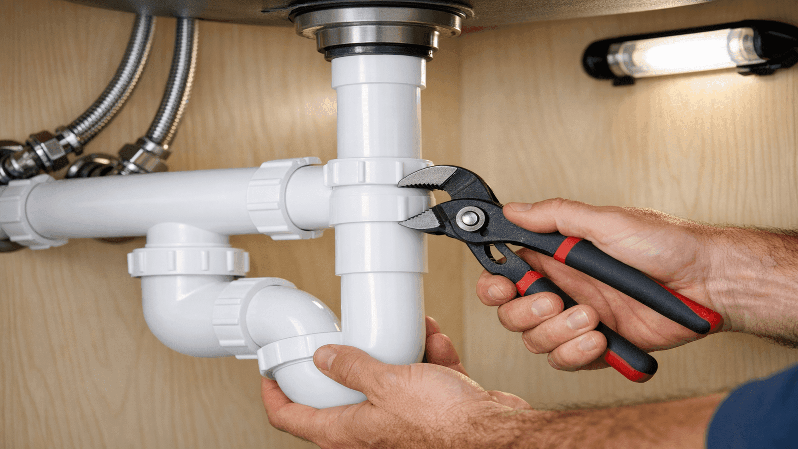 Plumber's hands connecting kitchen sink drain assembly and p-trap under cabinet during professional installation