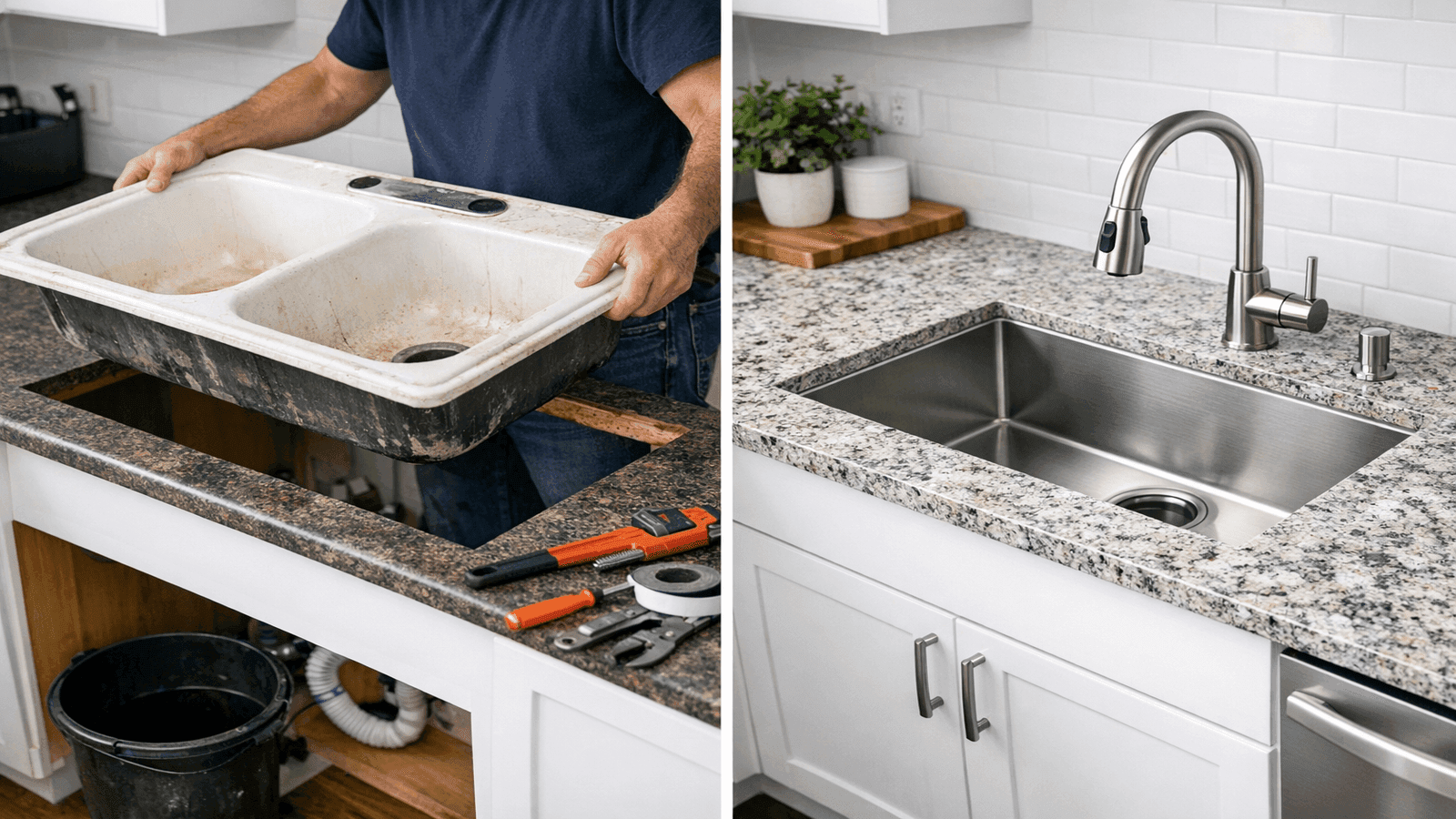 Before and after kitchen sink replacement showing old porcelain sink removal and new stainless steel undermount sink installation