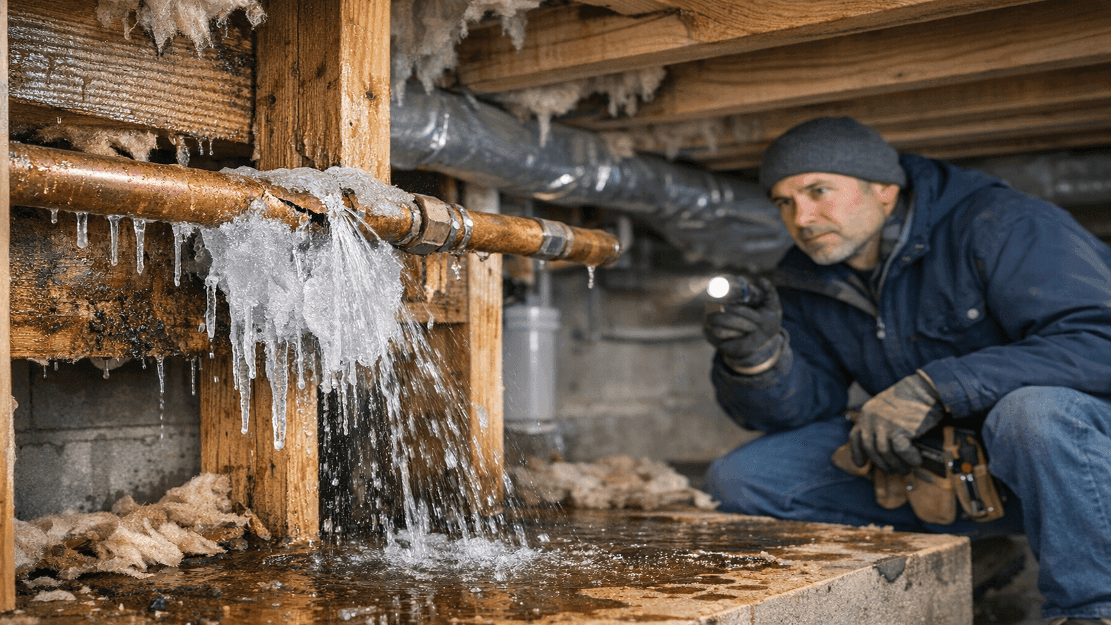 Burst copper water pipe with ice damage in a residential basement, showing freeze damage that proper winterization prevents