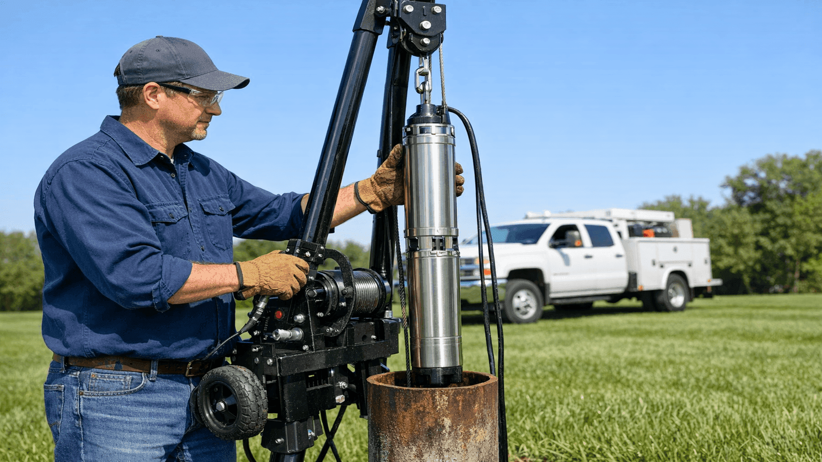 Submersible well pump being pulled from a residential well casing during annual maintenance, technician with lifting equipment, green lawn in background