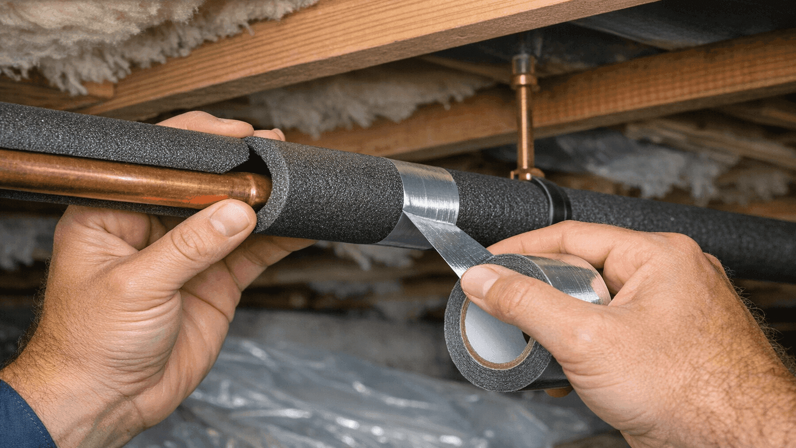 Installing foam pipe insulation sleeves on copper pipes in a residential crawl space to prevent freezing