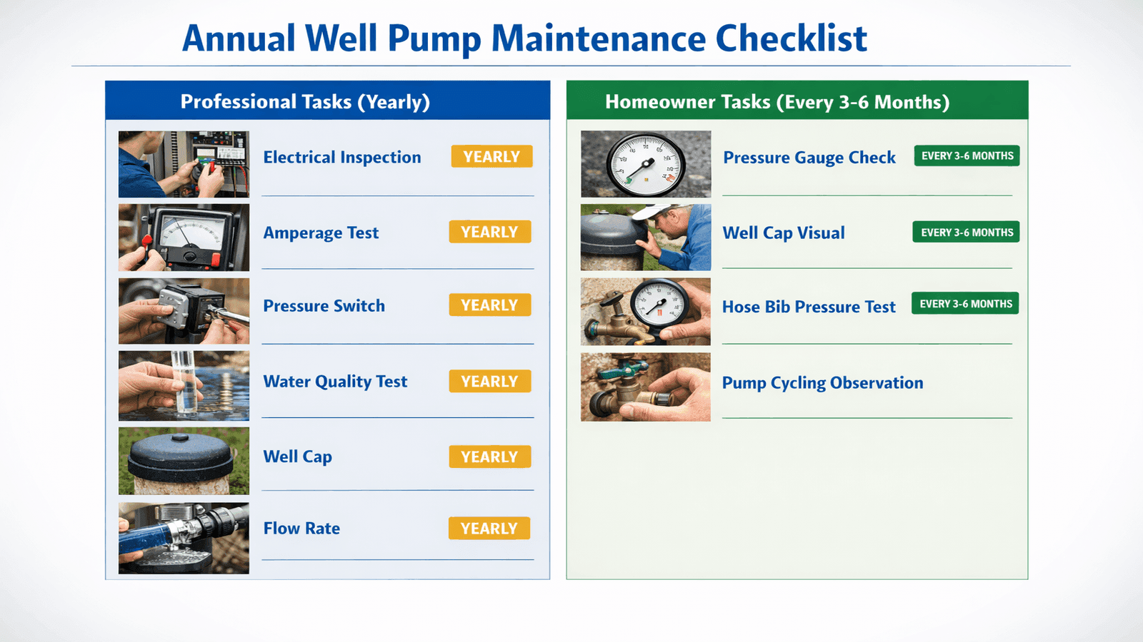 Annual well pump maintenance checklist infographic showing professional and homeowner tasks with icons and frequency labels