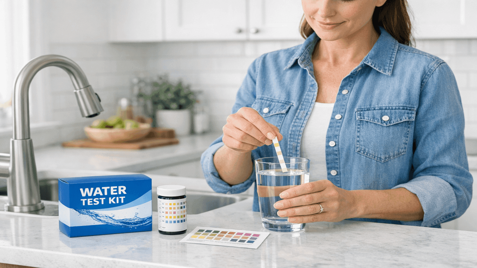 Homeowner testing tap water quality with a home test kit at the kitchen sink