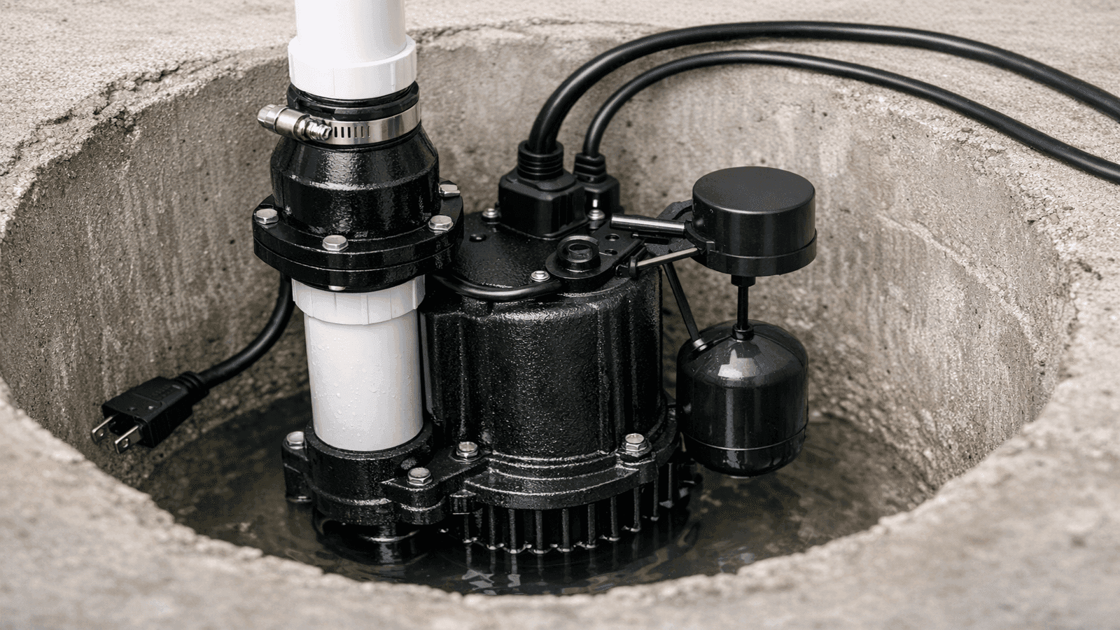 Pedestal and submersible sump pump installed in a basement pit with discharge pipe and check valve visible