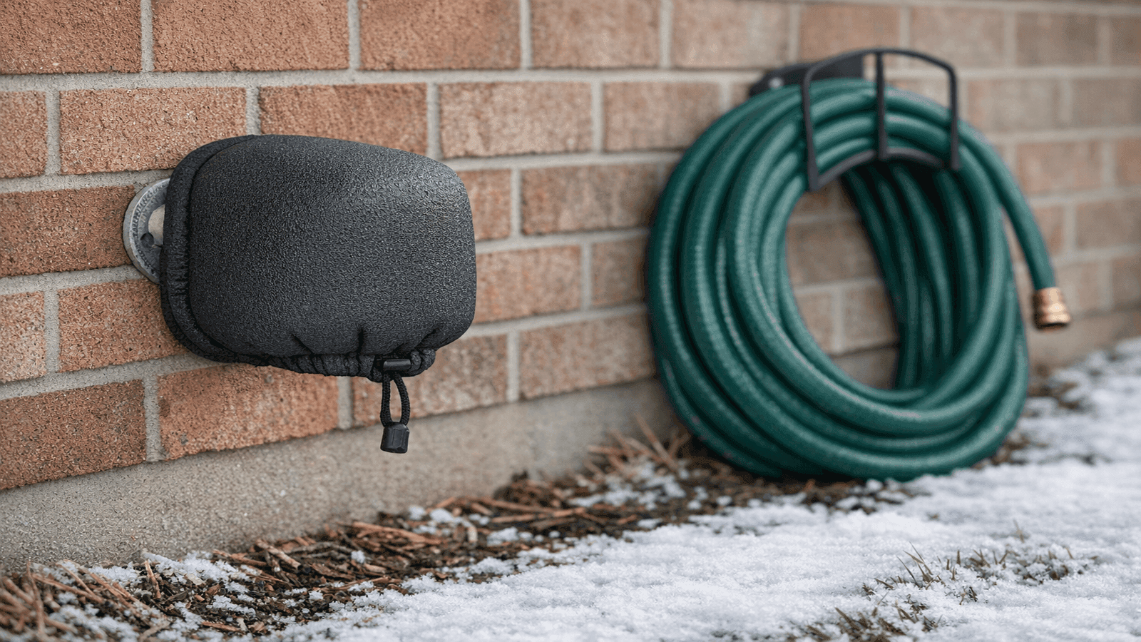 Foam faucet cover installed on outdoor spigot with disconnected garden hose stored nearby for winter freeze protection