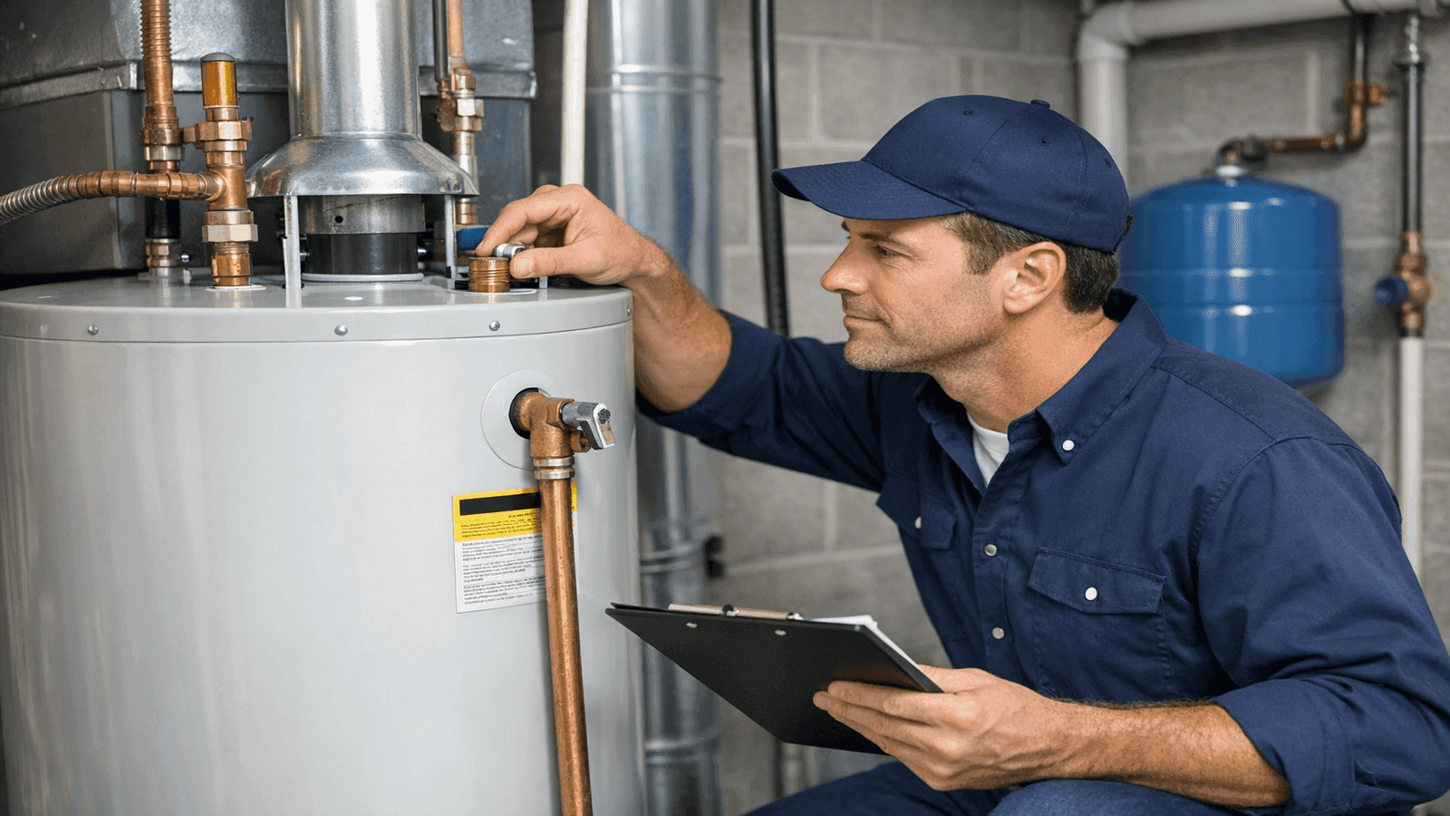 Plumber inspecting tank water heater during annual maintenance