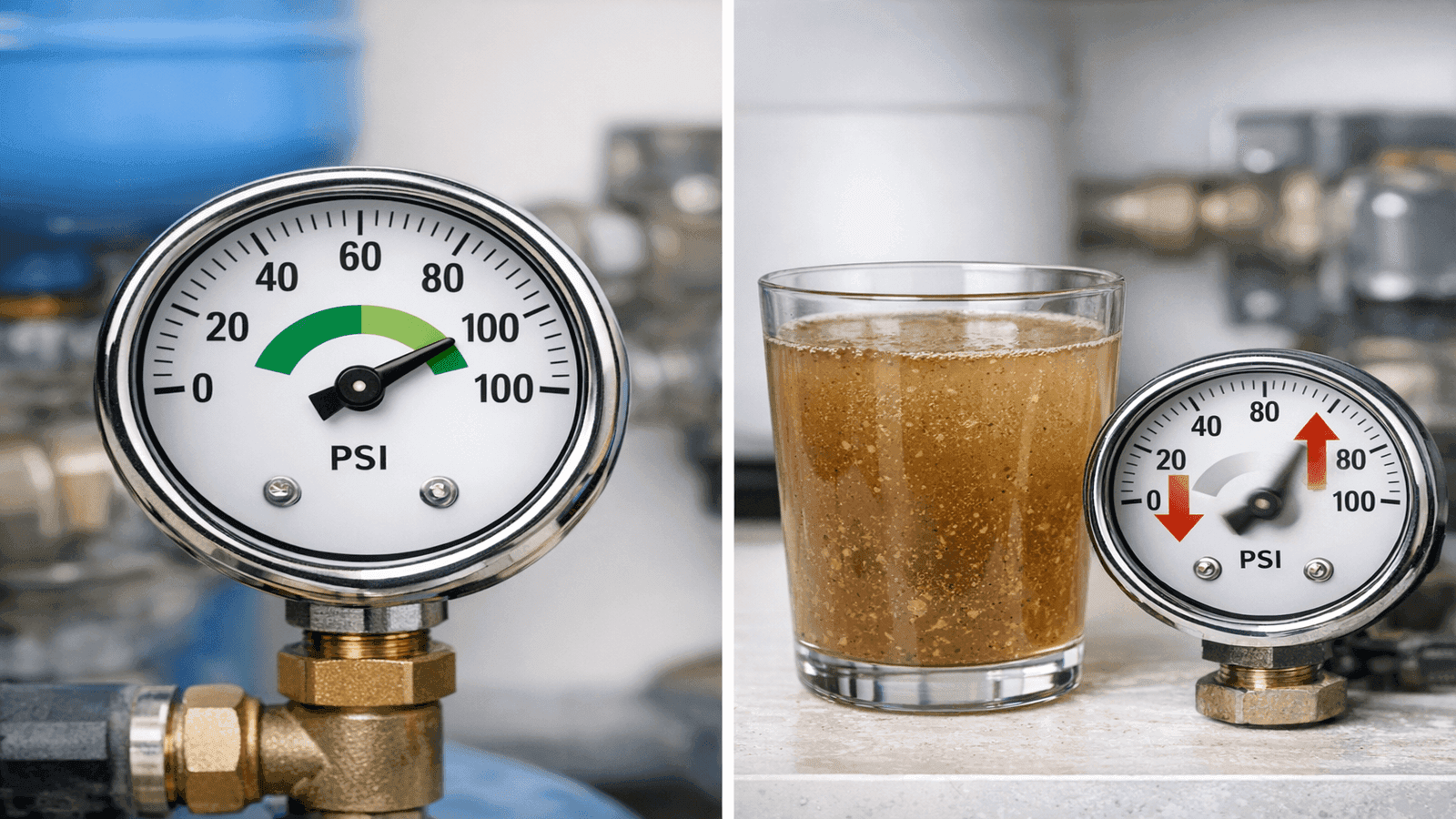 Composite showing normal pressure gauge reading versus rapid cycling pressure swings, and clear water versus discolored well water samples