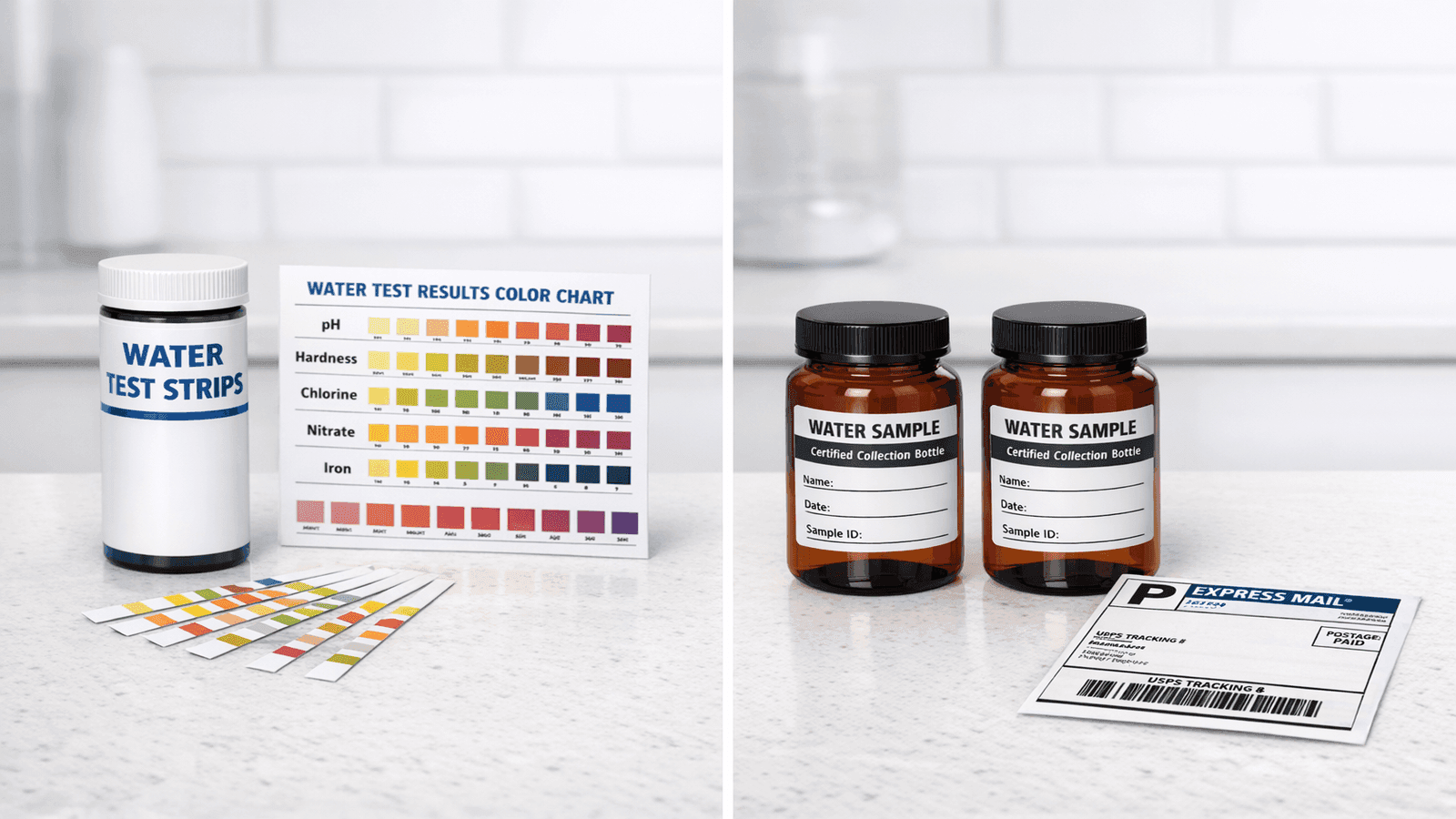 Side-by-side comparison of DIY water test strips and certified laboratory sample collection bottles on a kitchen counter