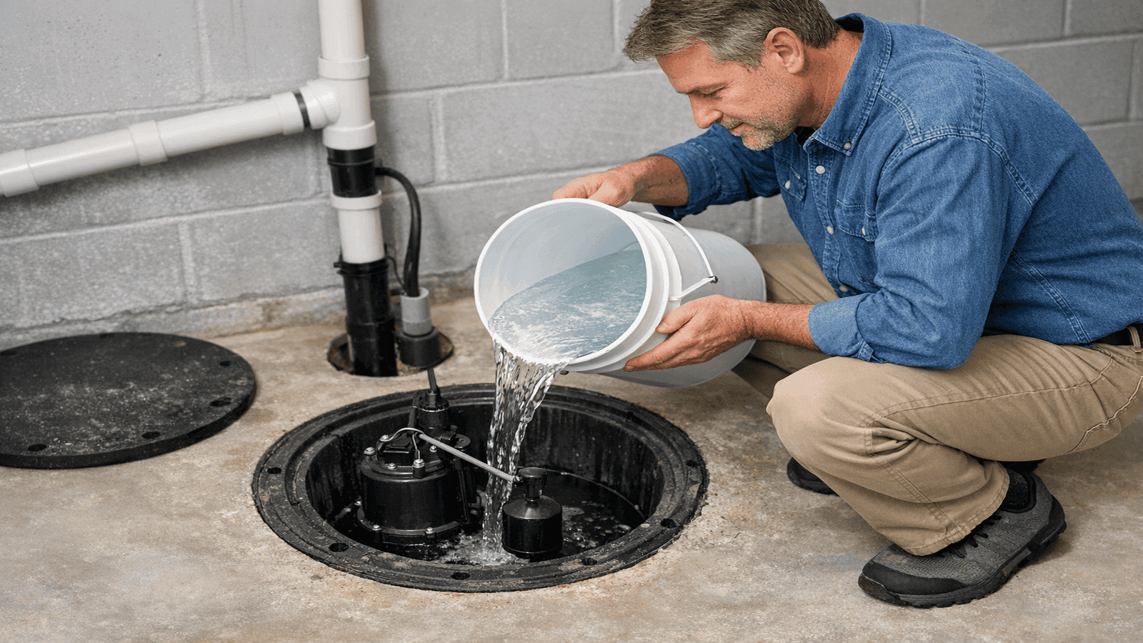 Homeowner pouring 5-gallon bucket of water into sump pit to verify float switch activation and discharge flow