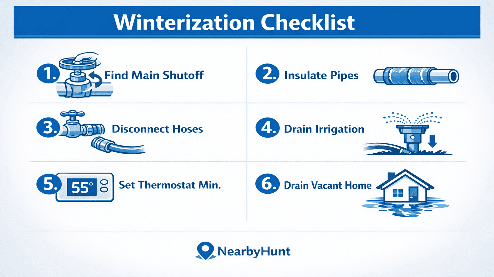 Step-by-step plumbing winterization checklist infographic showing six key tasks to protect pipes from freezing in winter 2026