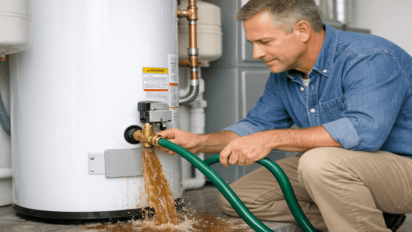 Homeowner draining sediment from water heater with garden hose