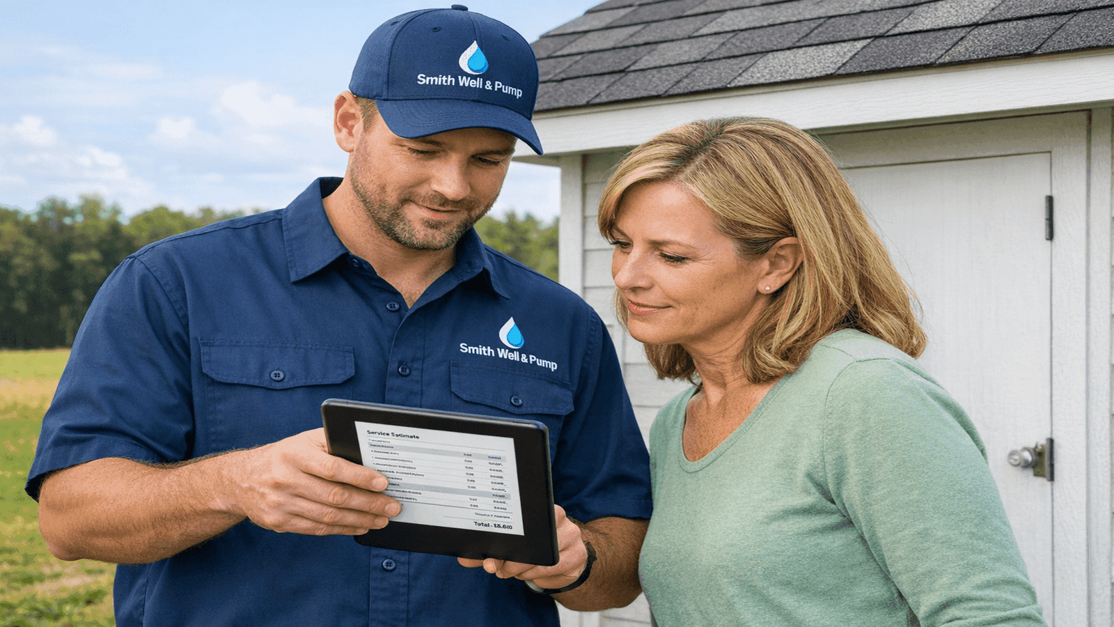 Licensed well pump technician reviewing a cost estimate with a homeowner outside a pump house, holding a tablet, rural property background