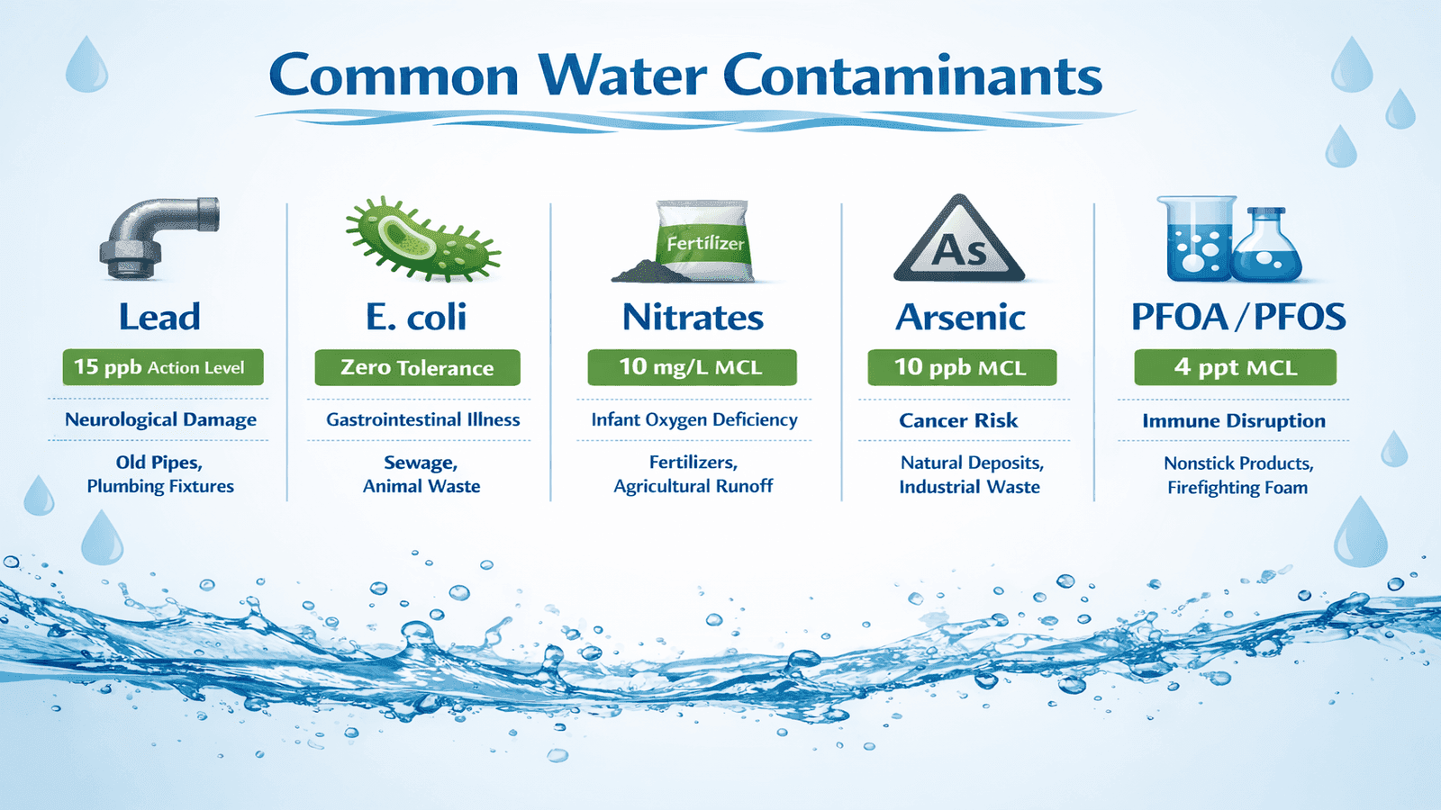 Infographic showing common water contaminants including lead, E. coli, nitrates, arsenic, and PFAS with their EPA limits and health effects