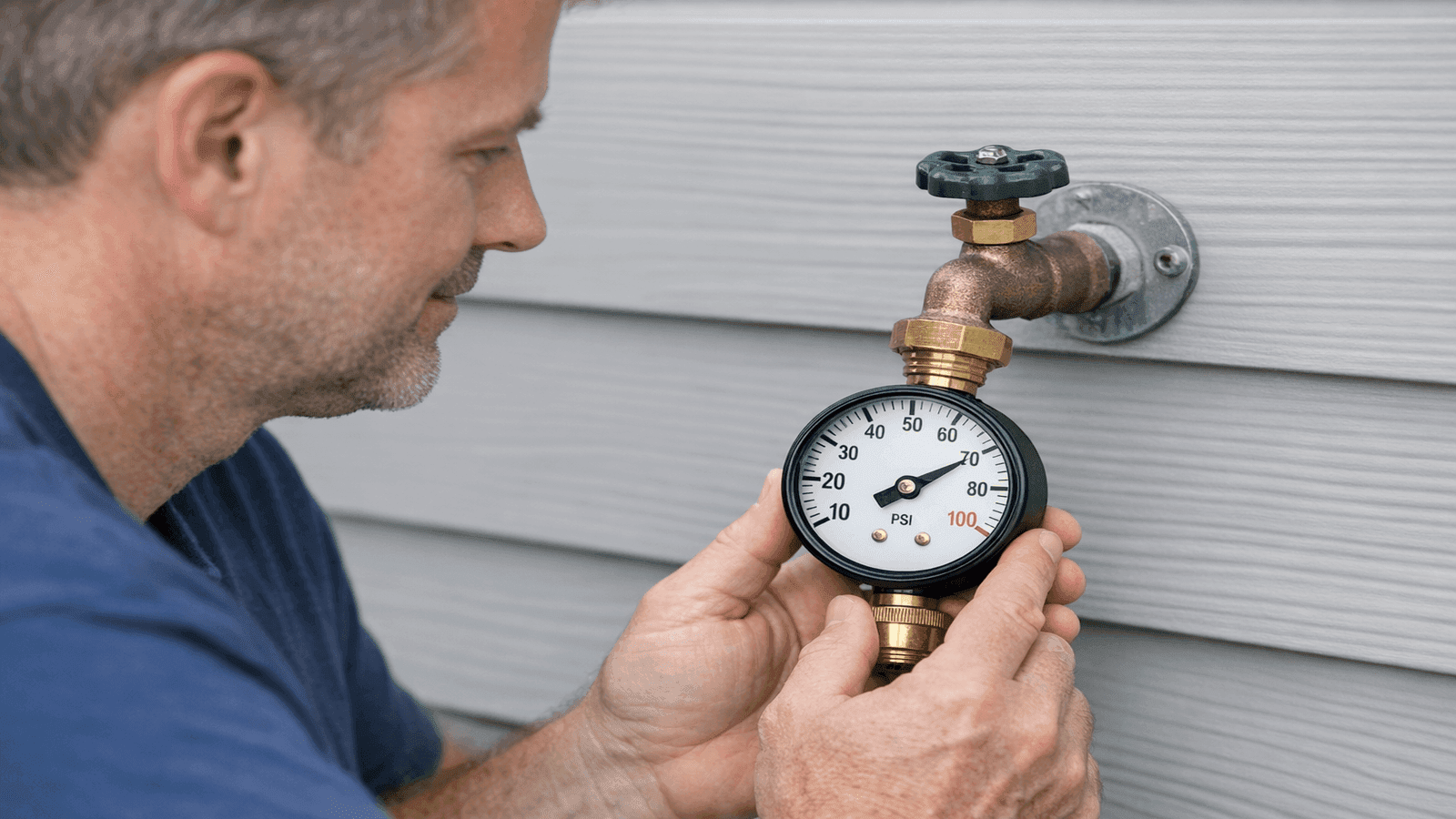 Homeowner testing home water pressure with gauge attached to hose bib