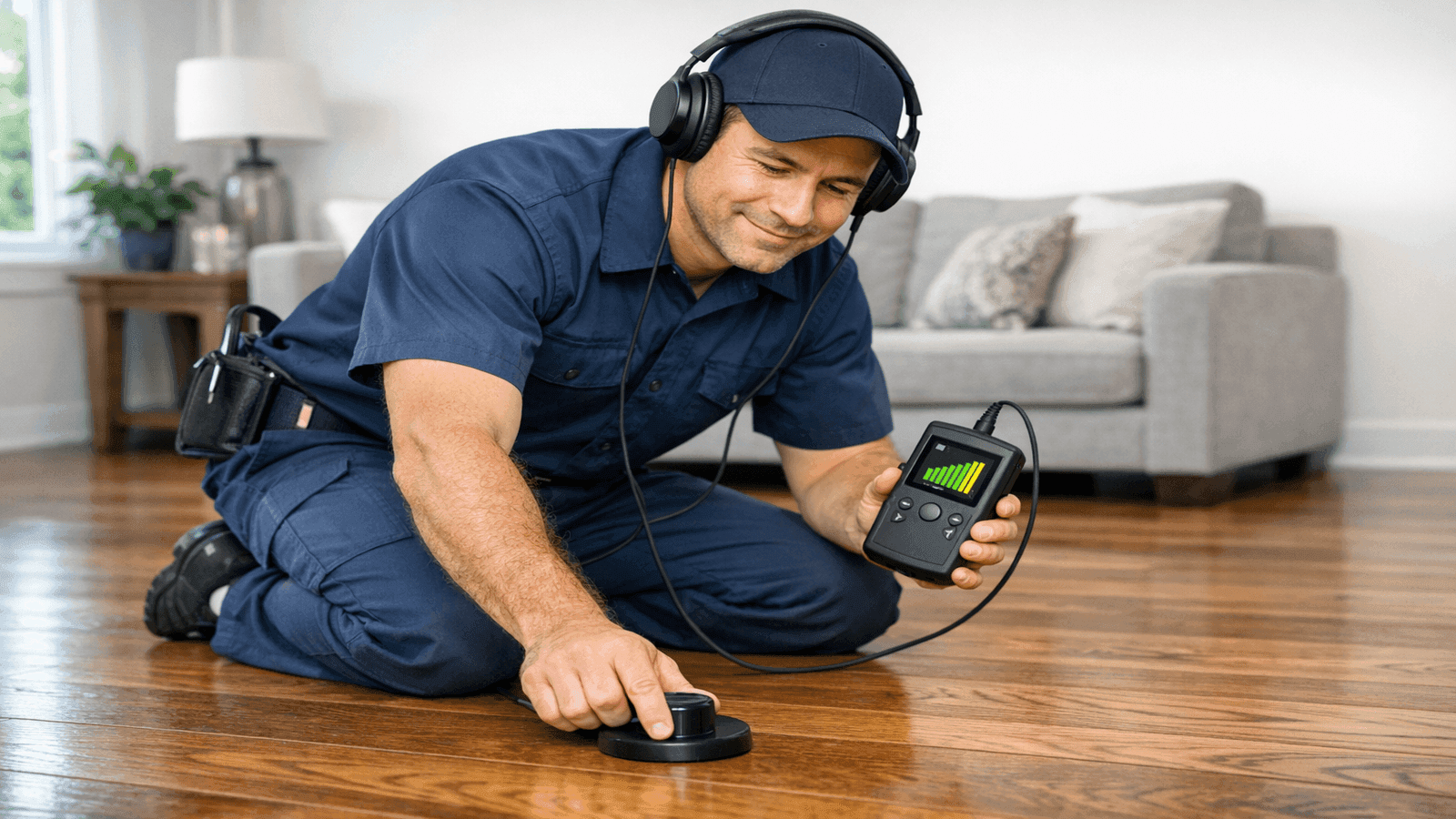 Plumber using acoustic leak detection equipment on a residential floor to locate hidden pipe leak
