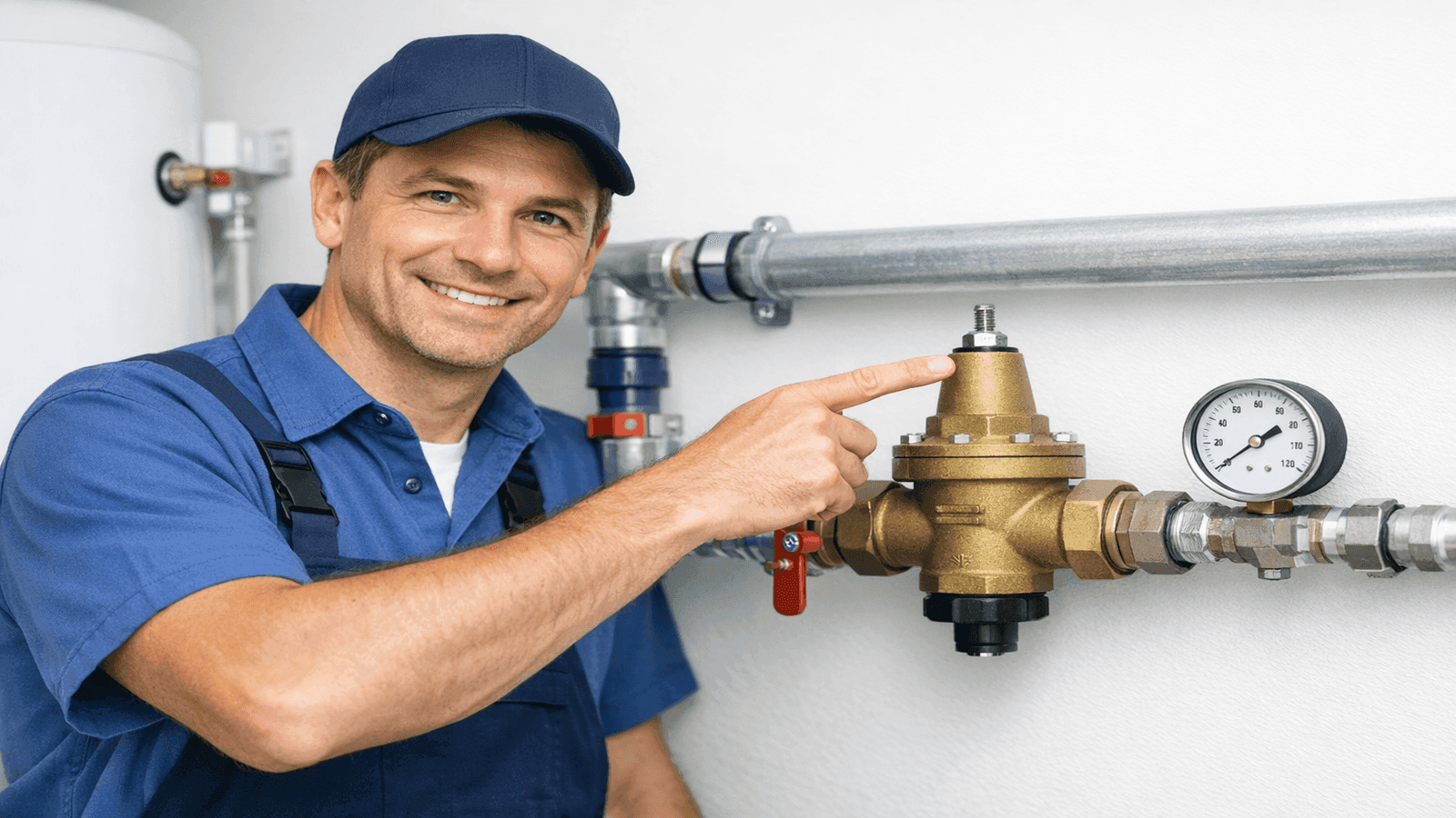 Plumber inspecting pressure reducing valve on main water supply line