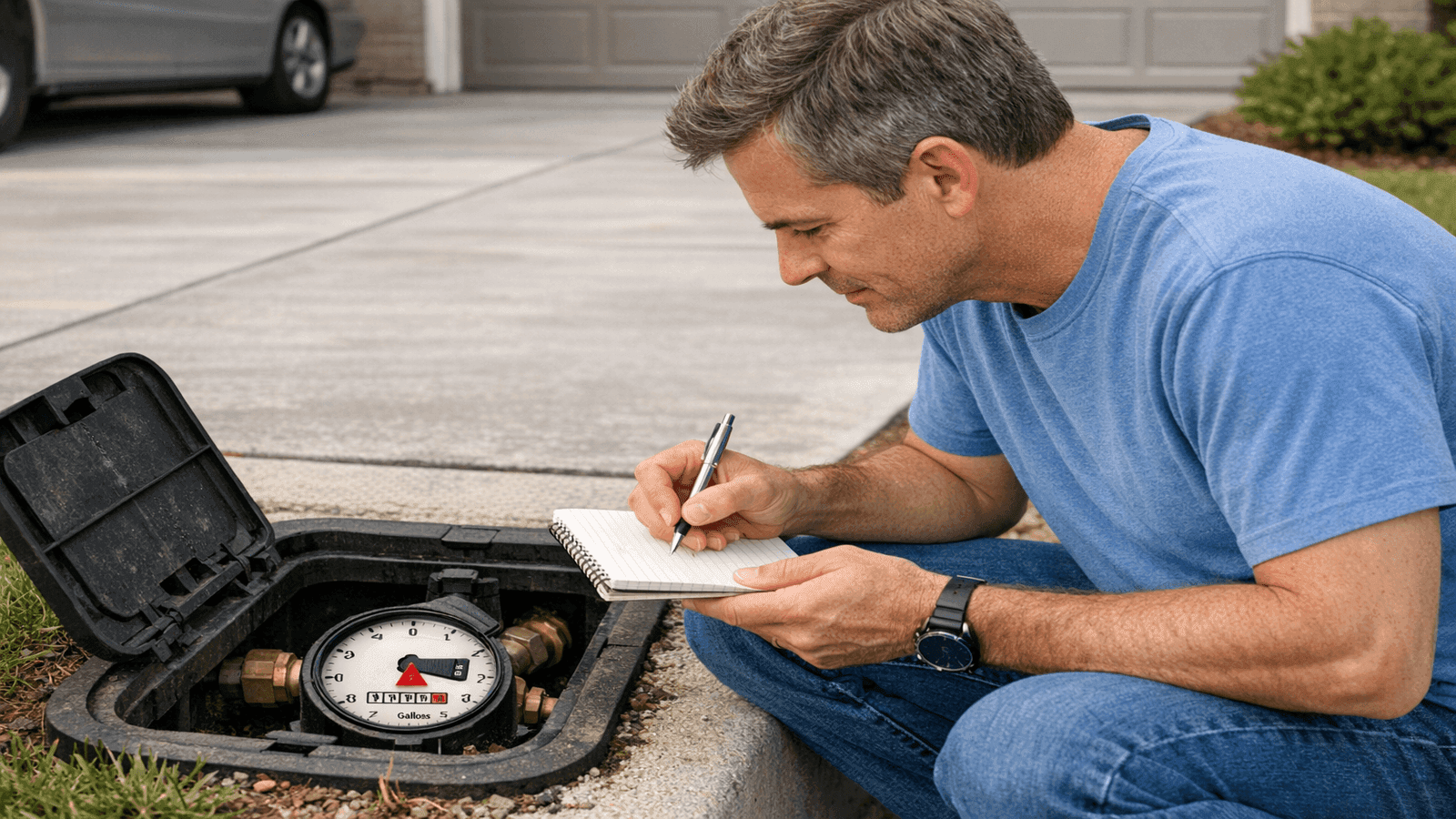 Homeowner checking residential water meter dial indicator for leak detection triangle