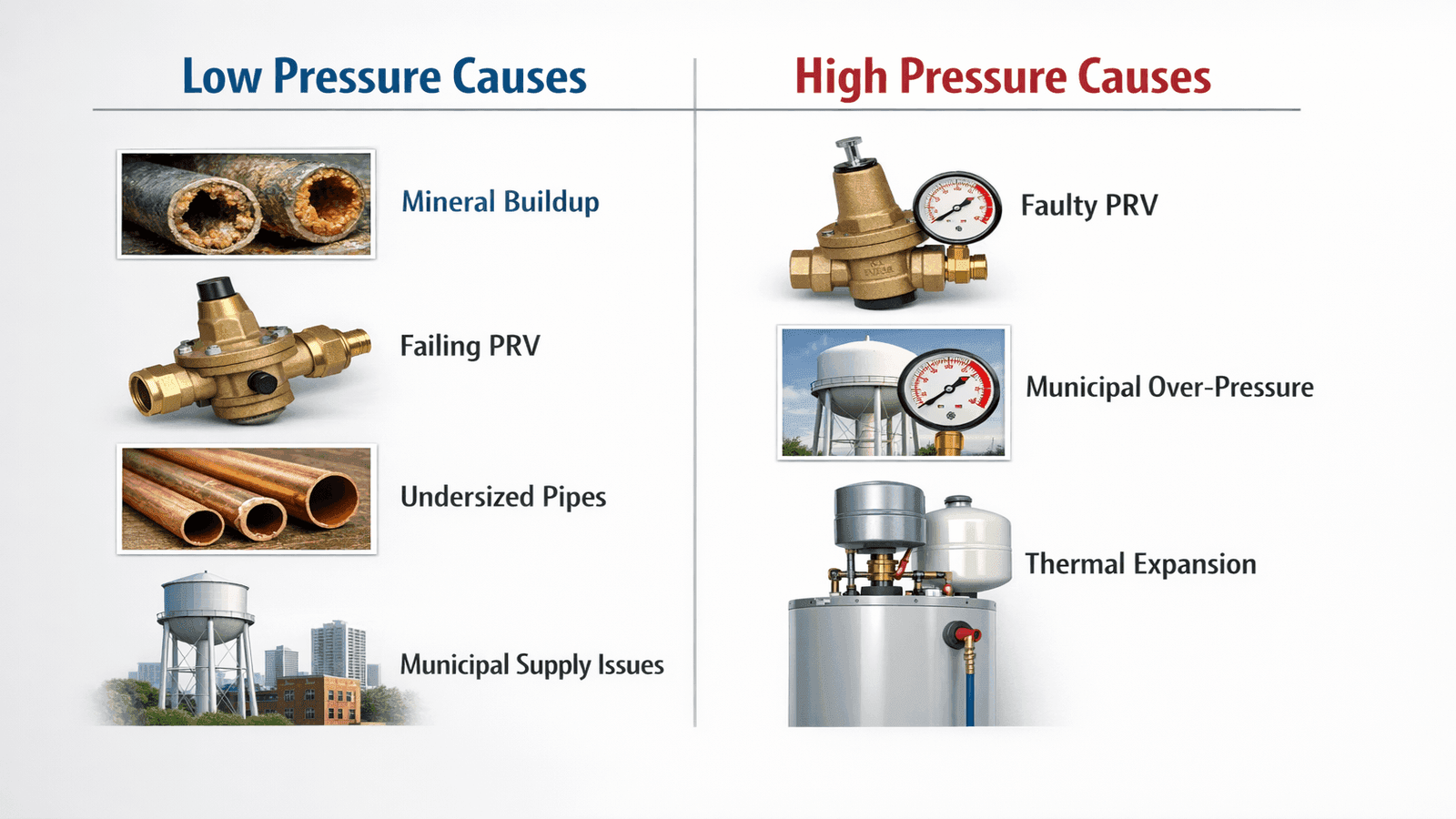 Infographic showing common causes of low and high home water pressure