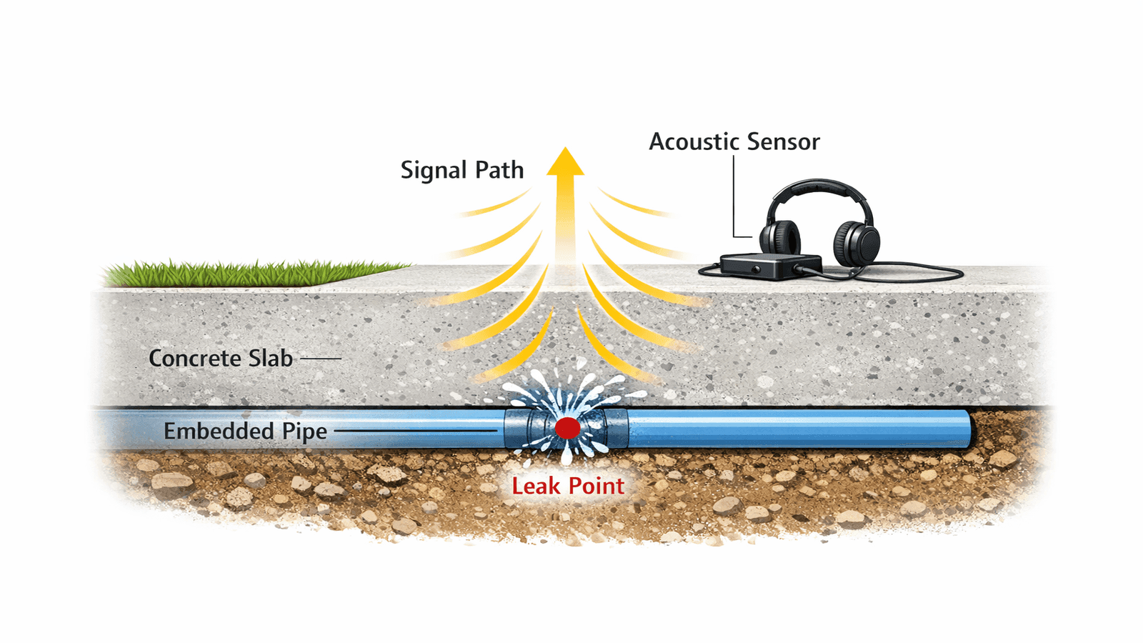 Cross-section diagram showing acoustic equipment identifying pipe failure beneath concrete foundation