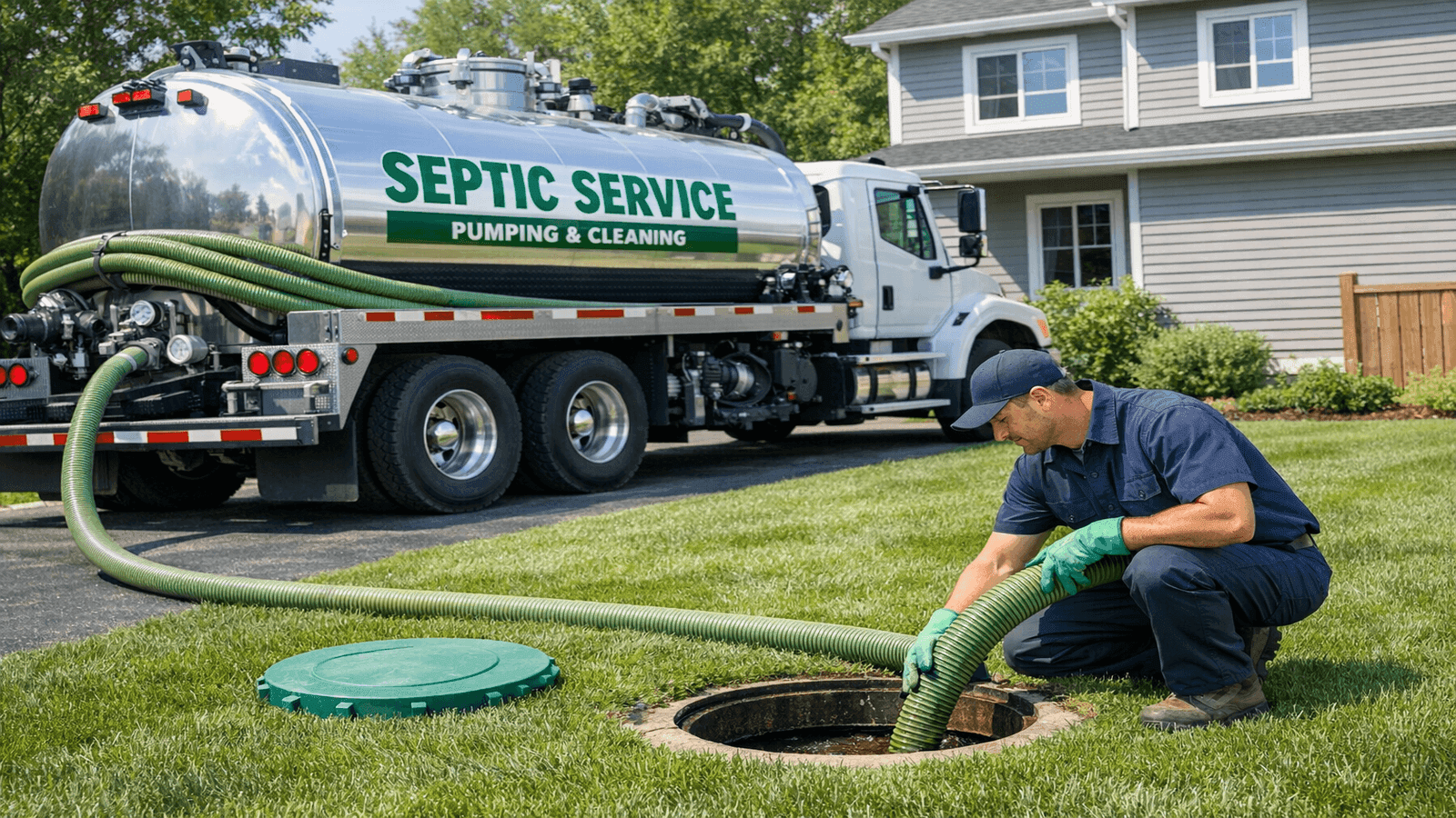 Septic pumping truck at residential home during maintenance service