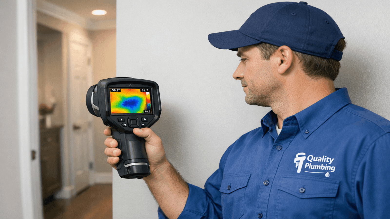 Professional plumber with thermal imaging camera detecting hidden wall leak in residential home