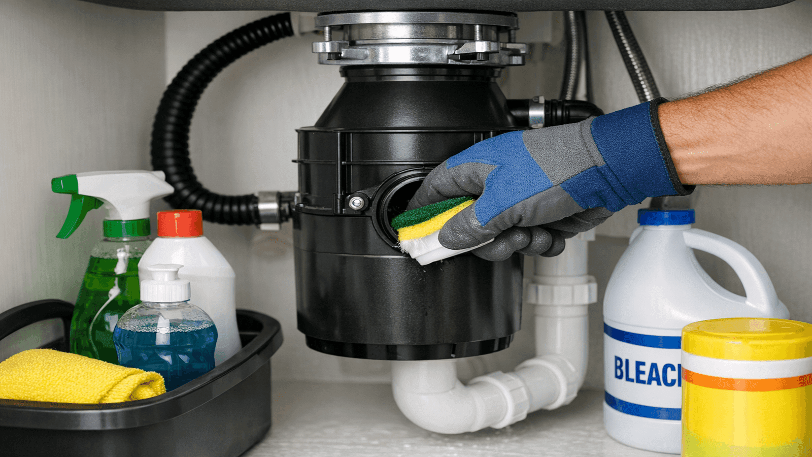 Homeowner cleaning garbage disposal under kitchen sink