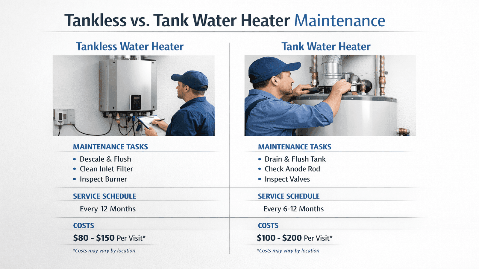Infographic comparing tankless vs tank water heater maintenance