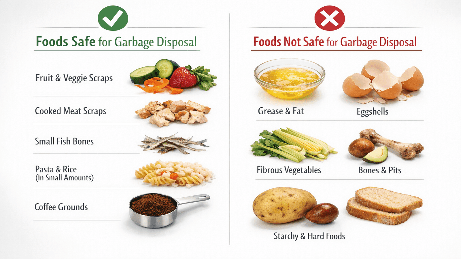 Infographic of foods safe and unsafe for garbage disposal