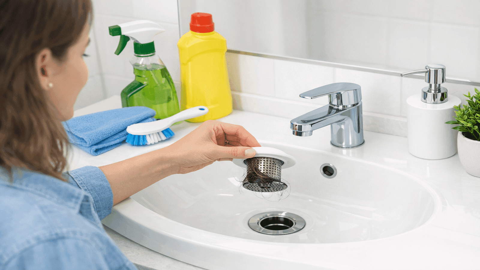 Homeowner cleaning bathroom drain with strainer to prevent clogs