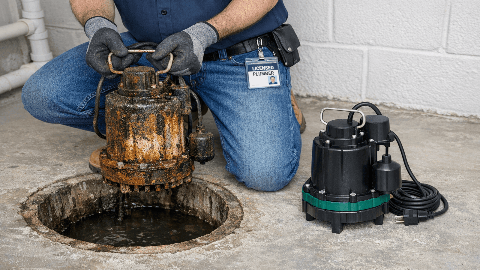 Licensed plumber removing old corroded sump pump from basement pit for replacement with new submersible unit