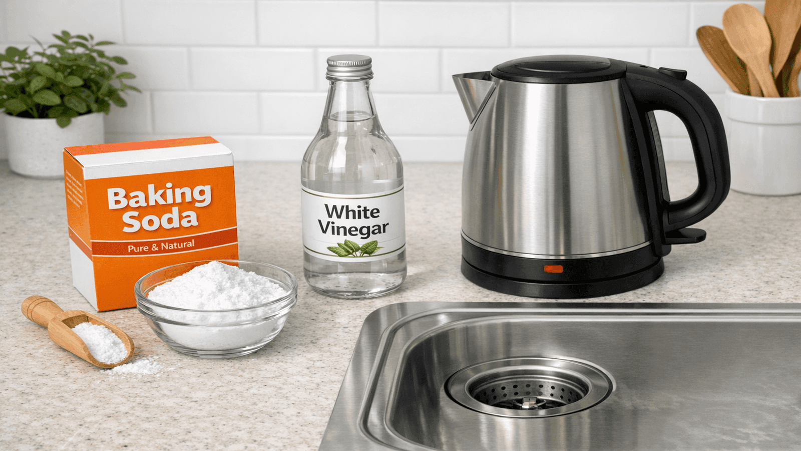 Baking soda and vinegar natural drain cleaning method supplies