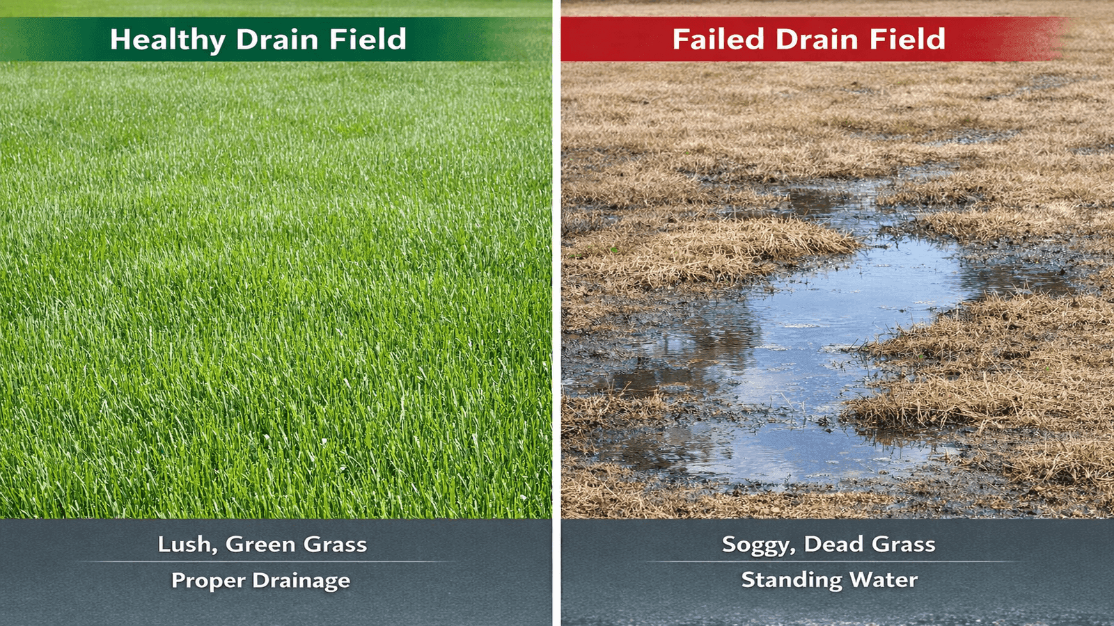 Comparison of healthy drain field versus failing waterlogged drain field