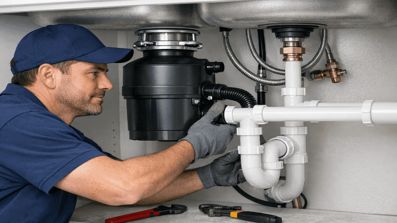 Plumber installing new garbage disposal under kitchen sink
