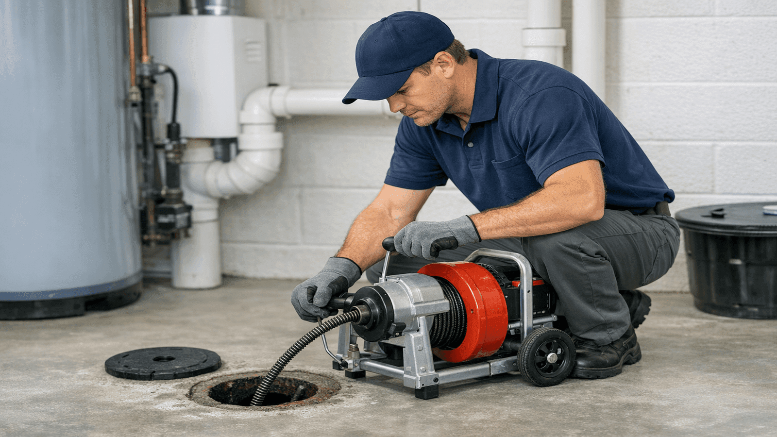 Professional plumber using motorized drain snake for drain cleaning