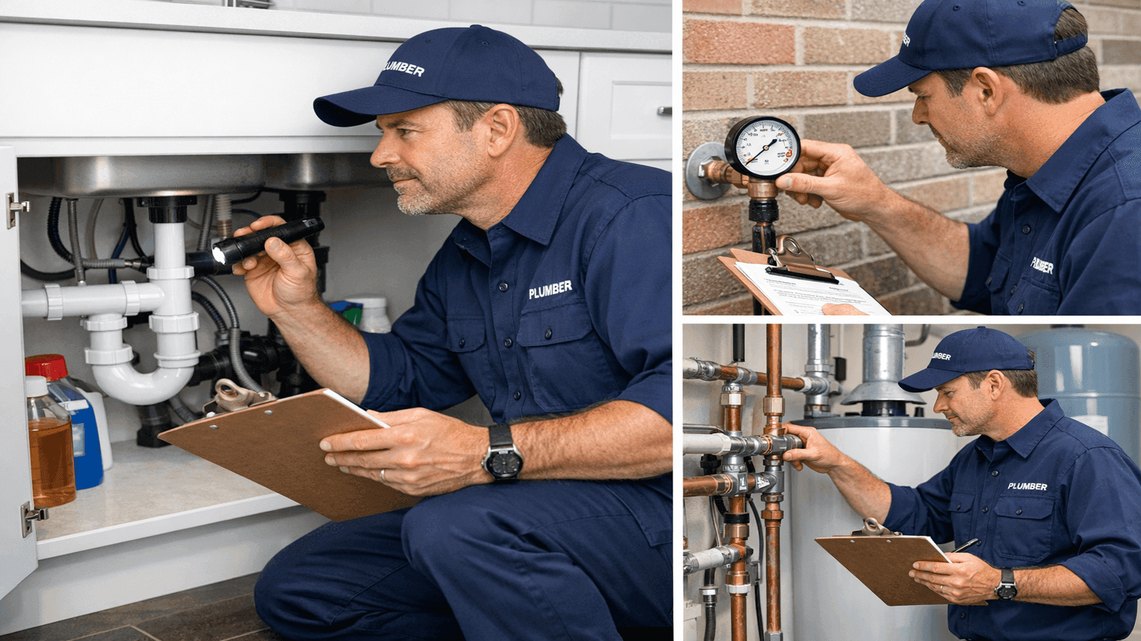 Licensed plumber conducting comprehensive home plumbing maintenance inspection