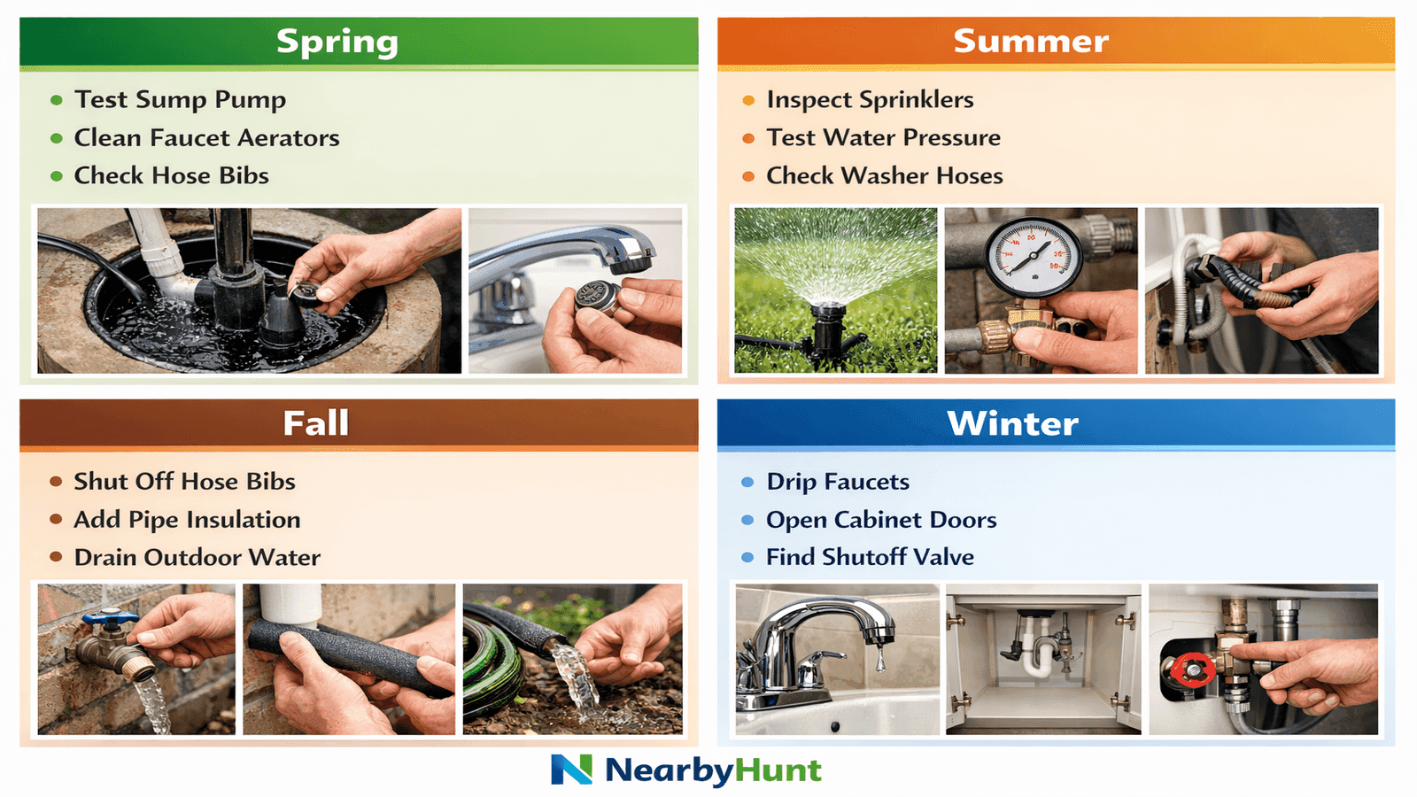 Four-season plumbing maintenance checklist infographic showing tasks for spring summer fall and winter