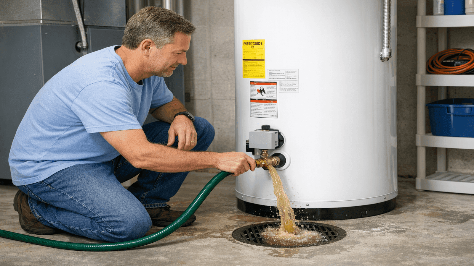 Homeowner performing annual water heater flush to remove sediment as part of plumbing maintenance