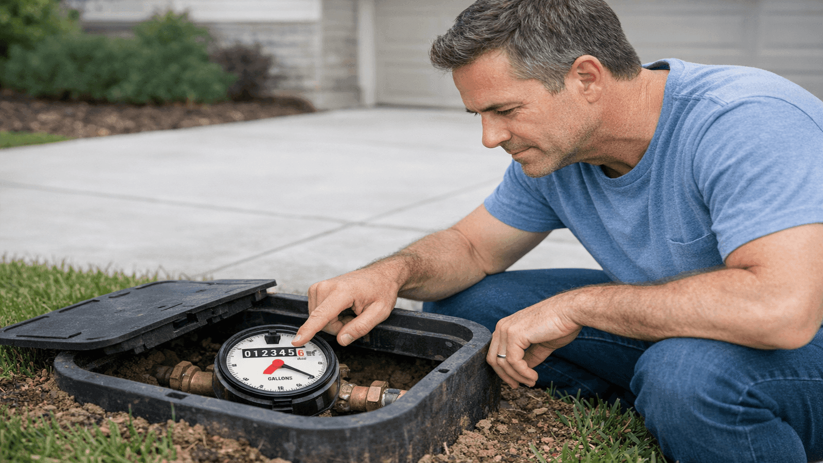 Homeowner reading water meter to test for silent hidden plumbing leaks
