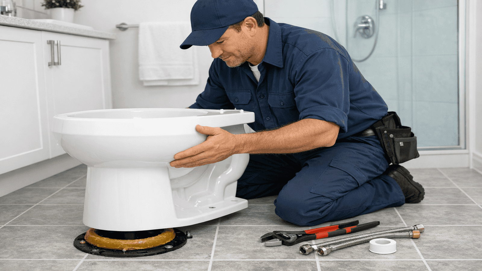 Licensed plumber kneeling on bathroom floor installing a toilet, wax ring visible on drain flange, professional tools laid out nearby
