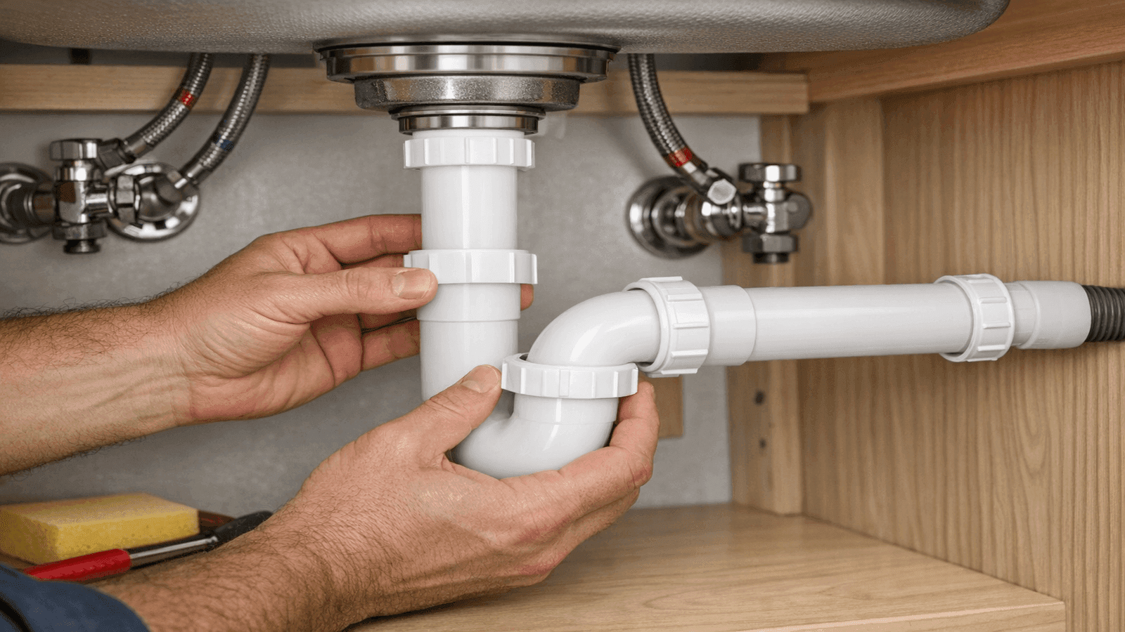 Plumber connecting PVC P-trap under kitchen sink, showing proper drain alignment with supply lines visible in under-cabinet workspace