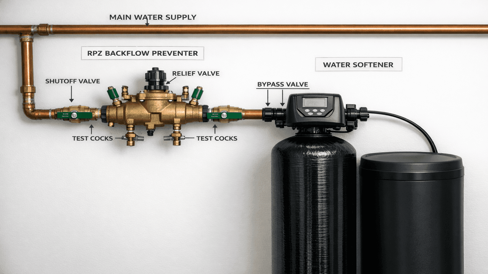 Brass RPZ backflow preventer and water softener bypass valve installed on copper main supply line in residential utility room