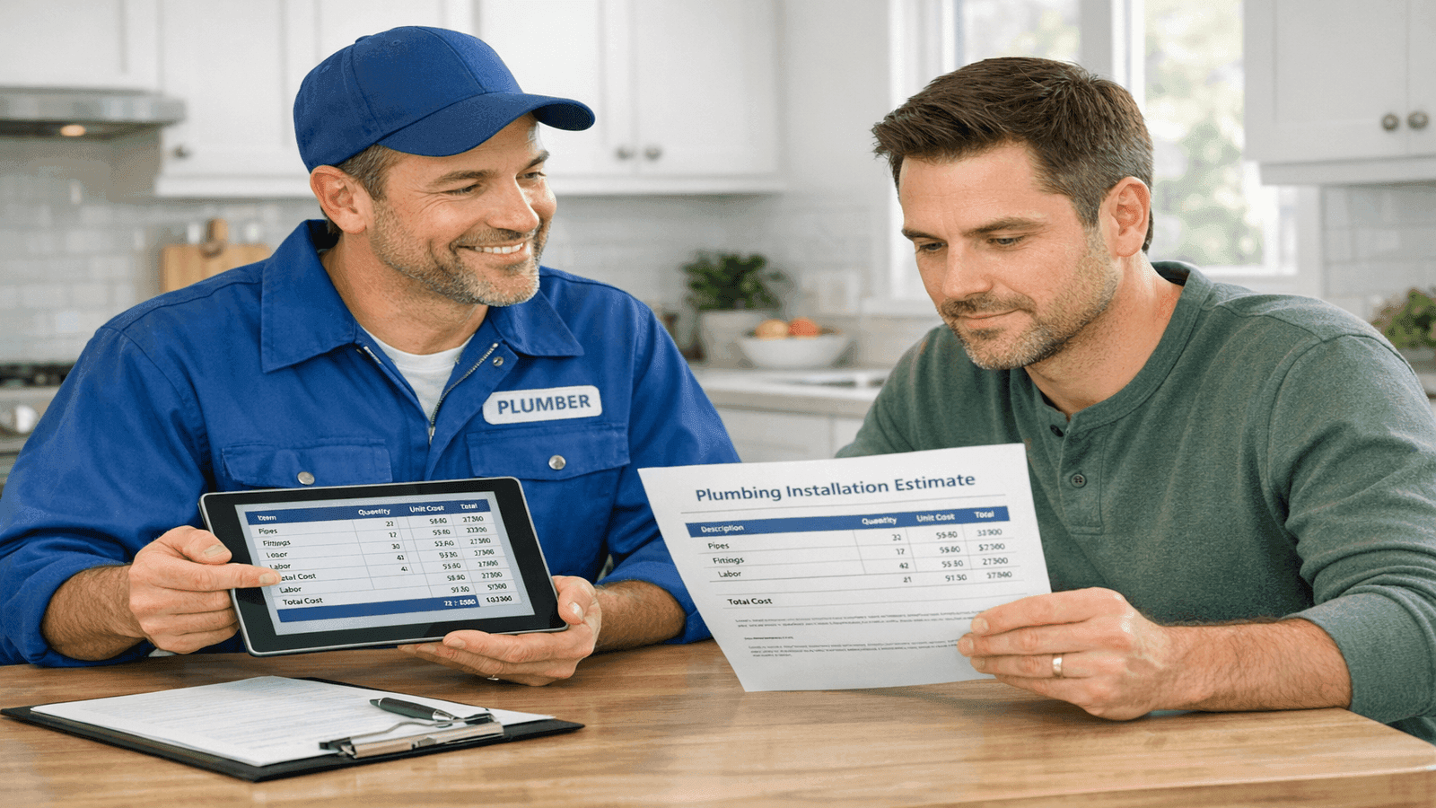Homeowner and licensed plumber reviewing a written plumbing installation estimate at kitchen table, tablet showing itemized cost breakdown
