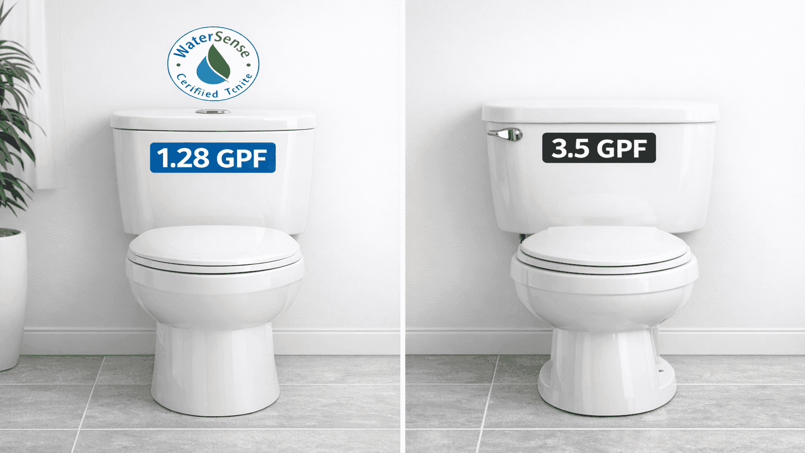 Side-by-side comparison of WaterSense certified 1.28 GPF toilet and older 3.5 GPF standard toilet showing water usage labels
